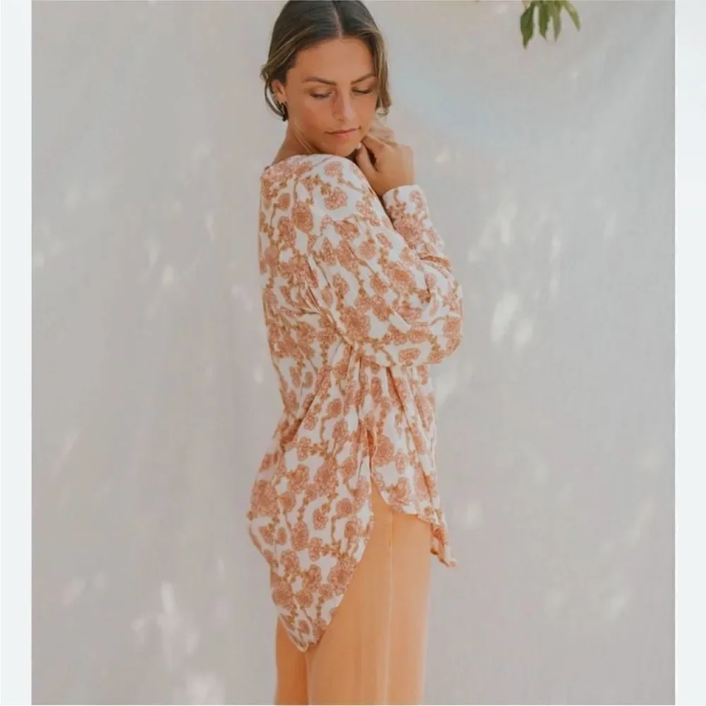 Free People NWT Mia Floral Print Tie Neck Tunic Top in Ivory Combo XS